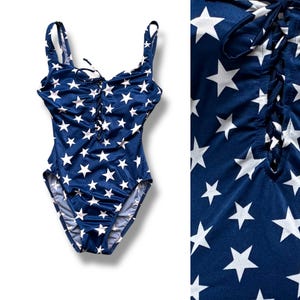 Vintage 90s Deadstock MALIBU White Stars w/ Navy Blue Swimsuit Deep V Criss-cross String Tie One Piece High Cut Cheeky Swimsuit SMALL USA