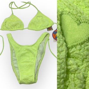 Vintage 90s Y2K TANGO ROSE Deadstock Bright Yellow Fuzzy Wireless Halter String Tie Triangle Top High Waisted Leg Cut Bikini Extra Small