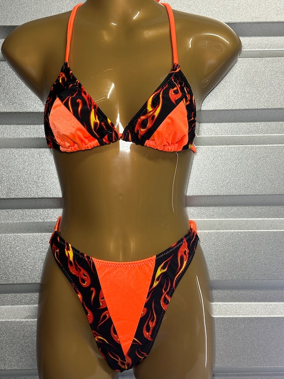 Vintage 90s Y2K HOTLINE Bright Orange With Flames Halter String Tie Wireless Triangle Top High Waisted Bikini Set Etsy UK