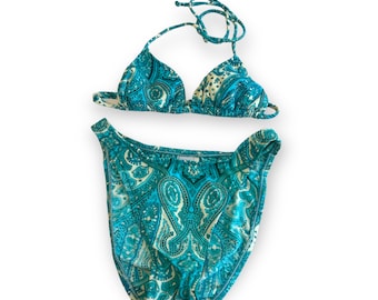 Vintage 90s Y2K Halter Triangle String Tie Wireless Scooped High Cut Paisley Teal Green Bikini Set SMALL