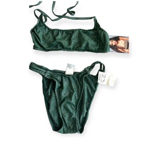 Vintage 90s Y2K Deadstock XOXO Sparkling Metallic Dark Green Wireless Halter Cropped Tank Top Scoop High Waisted Hi Leg Cut Bikini SMALL