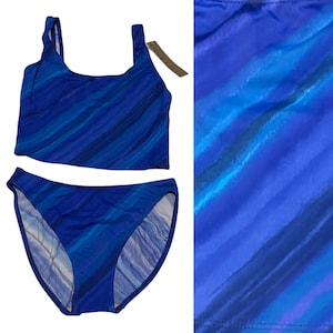 Vintage 90s Anne Klein Deadstock Cobalt Blue Striped Athletic Tankini Size 14 Extra Large