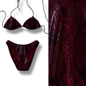 Vintage 90s Y2K Snake Print Shinny Black Red Wireless Halter Triangle String Tie Top High Waisted Leg Cut Bikini SMALL