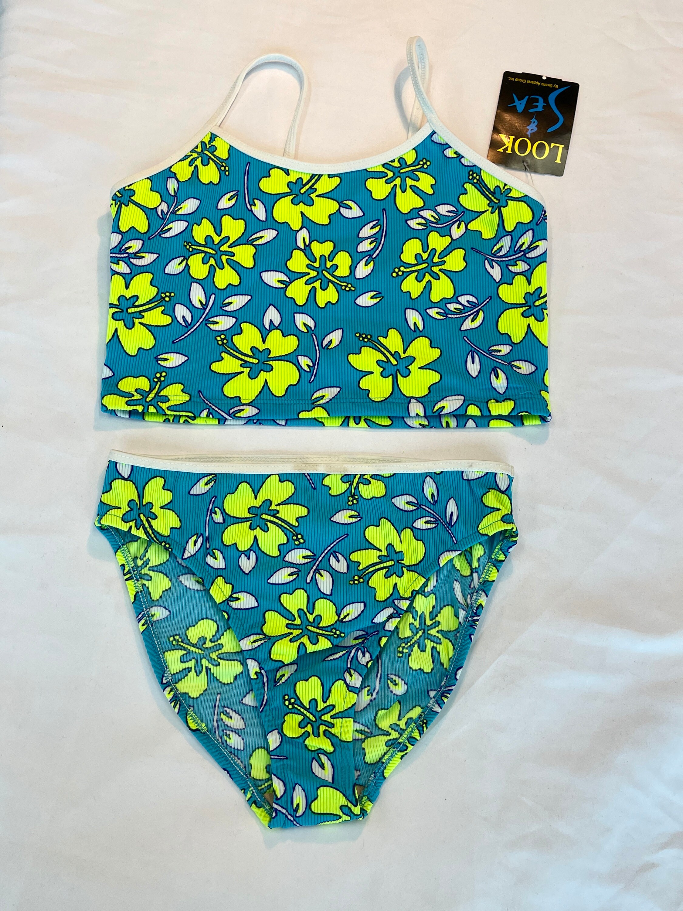 Vintage 90s Does 70's Retro Hibiscus Flower Neon Lime Green