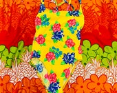 Vintage 90s Bright Yellow Tropical Hibiscus Floral Deadstock One Piece Hi Cut High Waist Size Medium 10