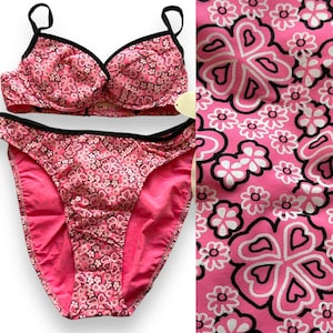 Vintage 90s Y2K Deadstock Pink & Black Retro Bandana Pattern Floral Underwire Plunge High Waisted Leg Cut