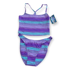 Vintage 90s Y2K Hobie Deadstock Magenta Purple Turquoise Blue Colorful Multicolor Retro Striped Tankini Top Scooped High Waisted Leg Cut Set