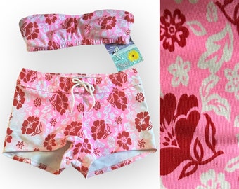 Vintage 90s Deadstock Bare Nothings Pink Red Hawaiian Hibiscus Retro Flowers Strapless Halter Bandeau Tank Top Shorts Bikini Y2K Shortkini