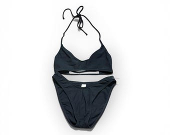 Vintage Solid Black Checkered Texture 90s Y2K Wireless Halter Sporty Top High Waisted Leg Cut Bikini Size SMALL