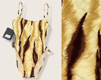 Vintage 90s Deadstock Tiger Striped String Tie Open Back Tan Brown High Cut Tortoise &quot;O&quot; Ring On Side  Sexiest Monokini THIS SUMMER
