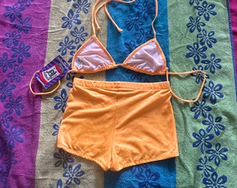 Vintage 90s Y2K Solid Bright Shinny Orange Wireless Halter