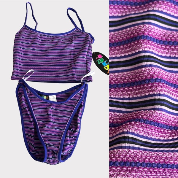 Vintage NOS New 90s Y2K 2000s Trudy Deadstock Violet Lavender Purple Retro Striped Tankini Bikini Set Scooped High Waisted Hi Leg Cut