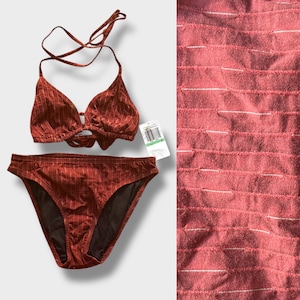 Vintage 90s Deadstock Nautica Ribbed Texture Burgundy Striped Wireless Halter String Tie Triangle Top High Waisted Leg Cut Bikini Set SMALL