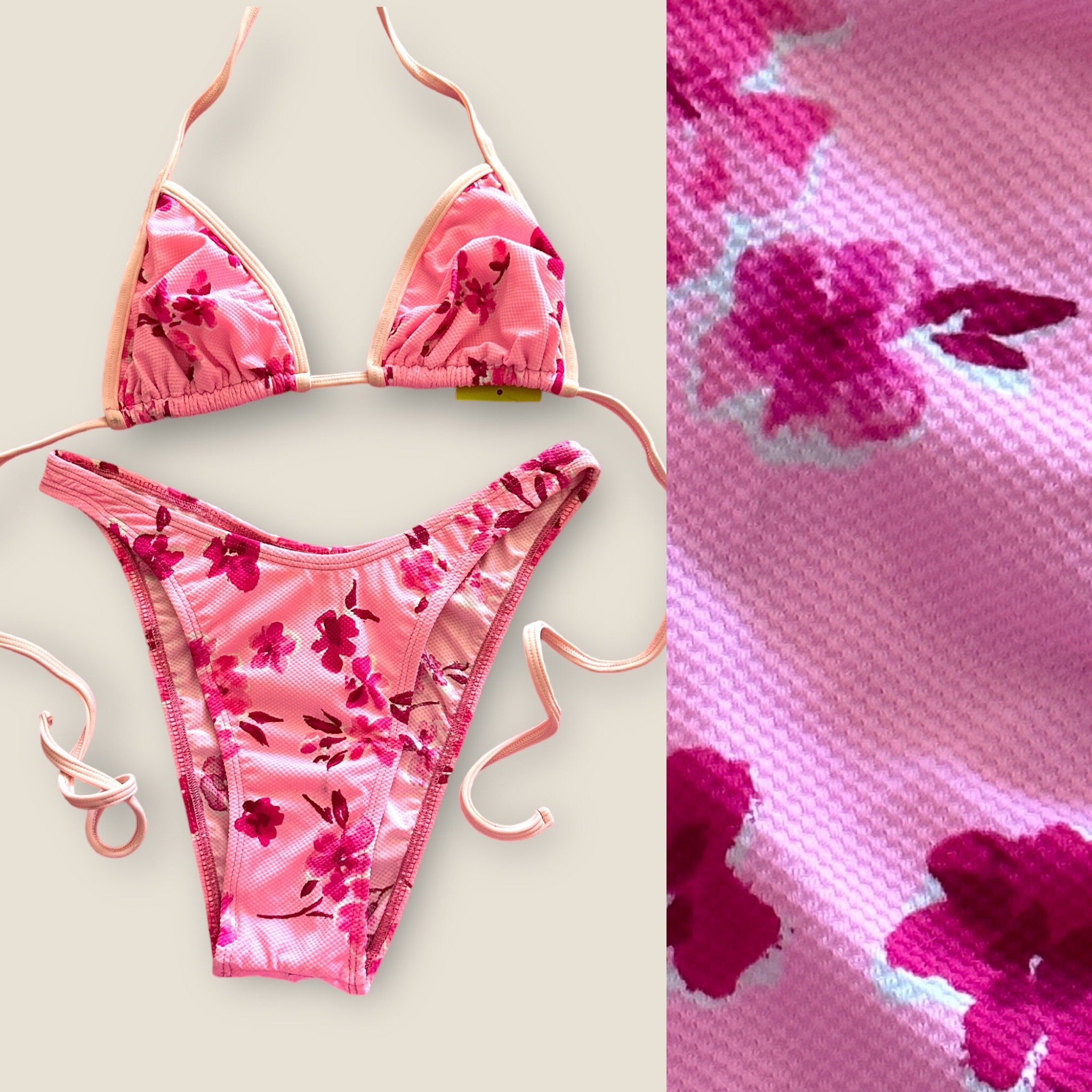 CHERRY BLOSSOM BIKINI Womens High Waisted Bikini Top & Bottom Floral Print  Bikini Set Pink and White Flower Swimsuit Womens Swimwear 