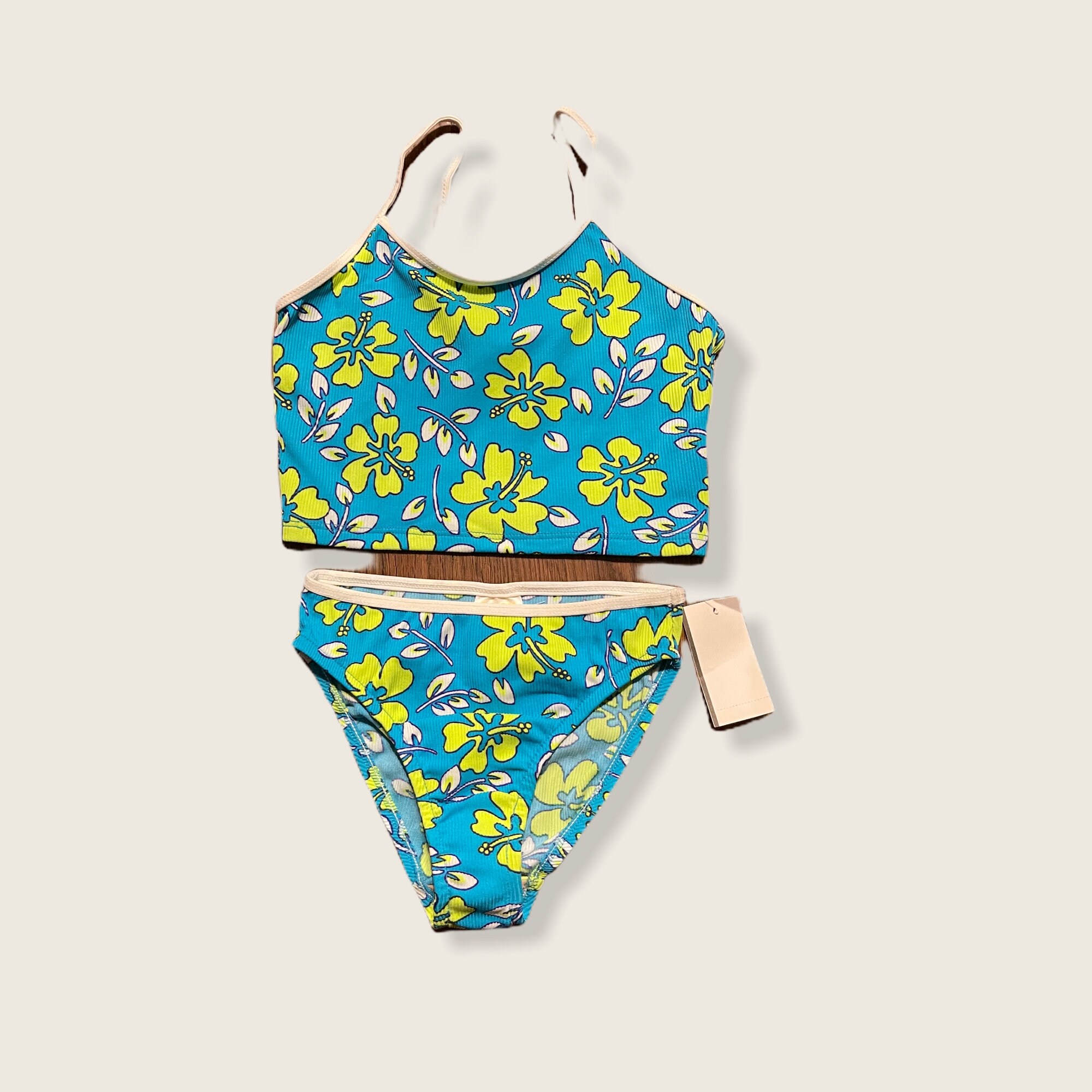 ice blue rétro flower bi-color swim wear Girls Vintage 90s Does 70's Retro Hibiscus Flower Neon Lime