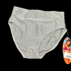May include: White high-waisted underwear with a textured pattern. The underwear has a tag attached with a model wearing a bikini.