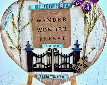 Mixed media-kunst op houten hart, rustieke kunst, valentijnshart, cadeau-item, vlinderkunst, inspirerende zinnen op kunst