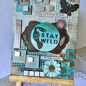 STAY WILD Bird Collage , bohemian aesthetics, butterflies on art,  decor for small spaces, mixed-media art, table-top art, rustic look