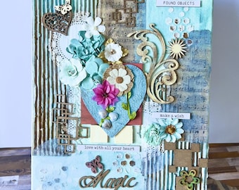 Magisch hart en bloemen Mixed Media-collage, Valentijnsdagschat, cadeau-item, delicate bloemen op kunst, canvaskunst,