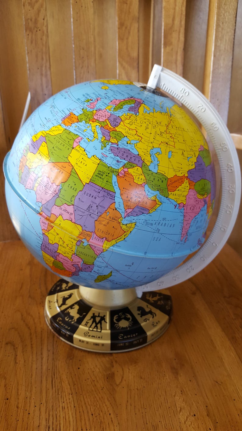 Zodiac Sign Calendar Globe Metal Toy Vintage World Famous The Ohio Art Company Geography Education Rotating Axis