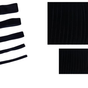 May include: Five black velvet ribbons of varying lengths, with a close-up of the texture of the velvet.