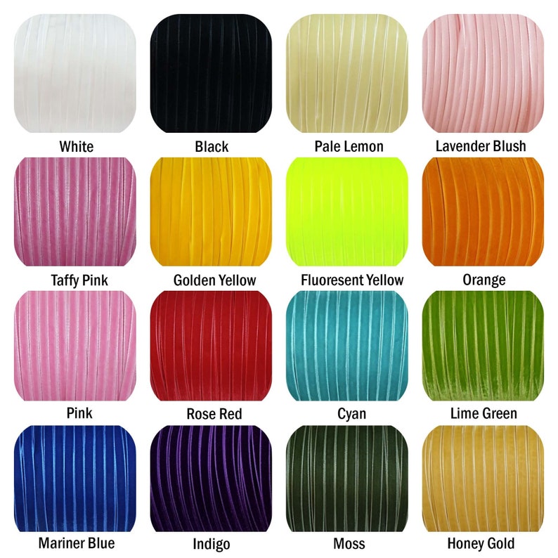 May include: A collection of 16 spools of velvet ribbon in various colors, including white, black, pale lemon, lavender blush, taffy pink, golden yellow, fluorescent yellow, orange, pink, rose red, cyan, lime green, mariner blue, indigo, moss, and honey gold.