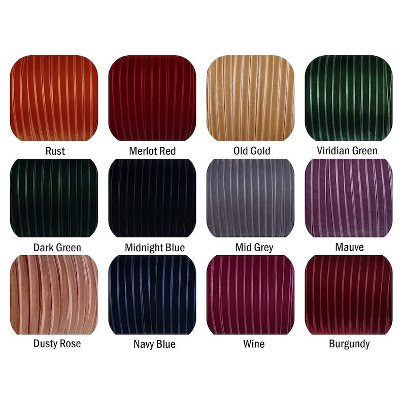 May include: A collection of 12 fabric swatches in various colors, including rust, merlot red, old gold, viridian green, dark green, midnight blue, mid grey, mauve, dusty rose, navy blue, wine, and burgundy. Each swatch has a ribbed texture.