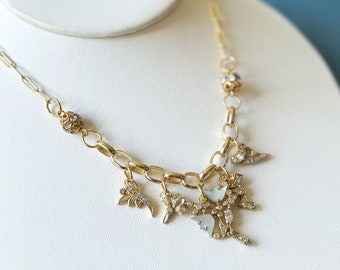 Crystal Multi Charm Necklace Upcycled and Handmade from Circa 1940s Stone Set Trim Findings Their Story in Description