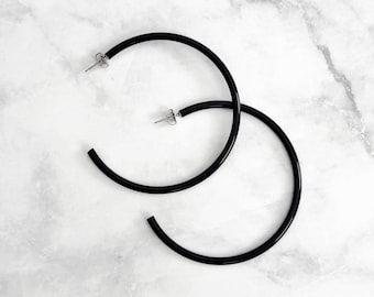 Black Skinny Italian Acetate Hoop Earrings |Handmade in the USA|