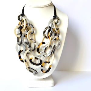 Tortoise Shell and Horn Chunky Statement Necklace Cellulose Acetate Bib Chain