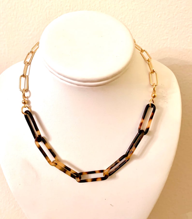Made in USA Italian Acetate Limited Edition Tortoise Shell and Gold Filled Paperclip Chain