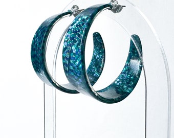 Metallic Teal Mosaic Tapered Hoop Earring Italian Cellulose Acetate Hoop Earring |Handmade in the USA| Lucite Statement Hoop Resin Hoop