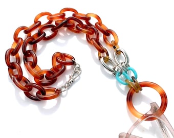 Tortoise Shell and Turquoise Necklace Style Glasses Chain with Loop Handmade From Italian Cellulose Acetate with Metal Silver Links