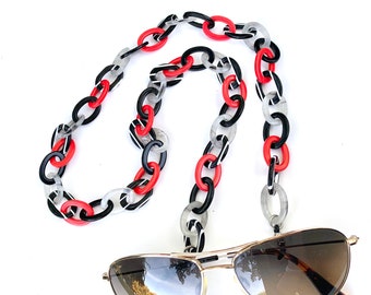 Limited Edition Black, White, Gray and Red Glasses Holder / Sunglass Chain Handmade from  Vintage Italian Cellulose Acetate