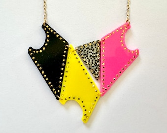 Geometric Bib Necklace in Hot Pink, Neon Yellow and Black Triangles Encrusted With Gold Swarovski Crystals on Thin 15" Chain