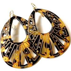 Tortoise Shell Statement Earrings Art Deco Inspired Earrings  |Handmade in the USA| Engraved Festive Earrings