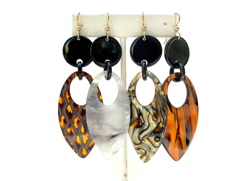 Long Geometric Tortoise Shell Statement Earring Available in 5 Vintage Italian Cellulose Acetate Patterns Handmade in the USA image 1