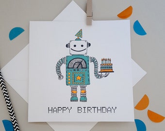 Robot Birthday- Quirky, Illustrated Robot Birthday Card- Happy Birthday Boyfriend//Son//Friend//Dad//Uncle//Nephew