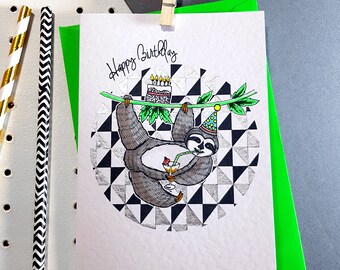 Sloth Party Animals Handmade Birthday Card//Personalised Sloth Birthday Card//Friend//Family Member