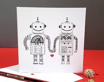 Robot Love Card/ Anniversary Card/ Valentines Card.  Quirky, Handmade card for Boyfriend/Husband/Girlfriend/Wife