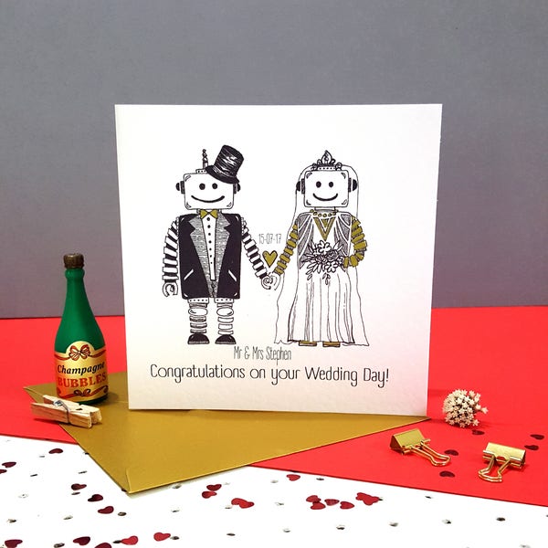 Personalised Robot Love Wedding Card- Handmade