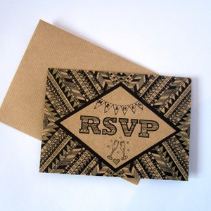 May include: A brown card with a black and white geometric pattern. The card has a diamond shape in the center with the text "RSVP" in black letters. The text "MR & MRS" is written in black letters on a banner above the diamond.