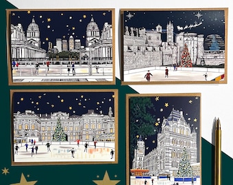 May include: Set of four Christmas cards featuring illustrations of London landmarks with ice skating rinks and Christmas trees. The cards are printed on a textured paper with a brown border.