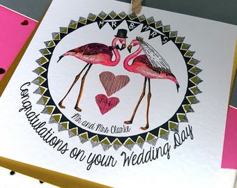 Personalised Flamingo Wedding Card- Handmade Wedding Card- Congratulations on your Wedding Day- Mr & Mrs