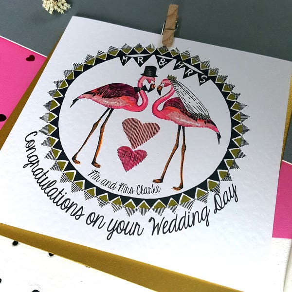 Personalised Flamingo Wedding Card- Handmade Wedding Card- Congratulations on your Wedding Day- Mr & Mrs