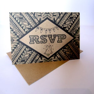 May include: A brown card with a black and white geometric pattern. The card has a diamond shape in the center with the text "RSVP" in black and white letters. The text "Mr. & Mrs." is above the RSVP in smaller letters. There are two champagne glasses and a heart below the RSVP.