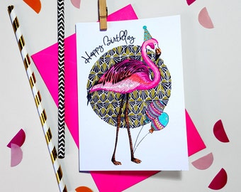 Party Flamingo Handmade Birthday Card/Personalised Flamingo Card/Family Member Card