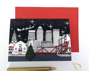 Shadwell over Canary Wharf Illustrated Christmas Card- London Local Holiday Card- Individual card or packs