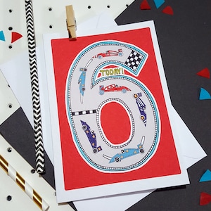 Children&#39;s Racing Car Age Birthday Card- Boys Age 5 Card- Boys Age 6 Card- Boys Age 7 Card- Boys Age 8 Card