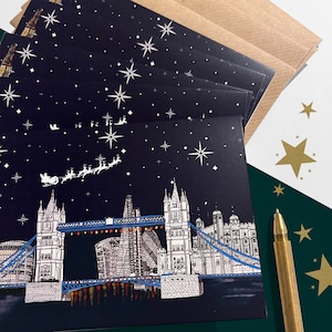 Notte stellata sul Tamigi - Biglietto di auguri natalizi con scena londinese, confezione da 5